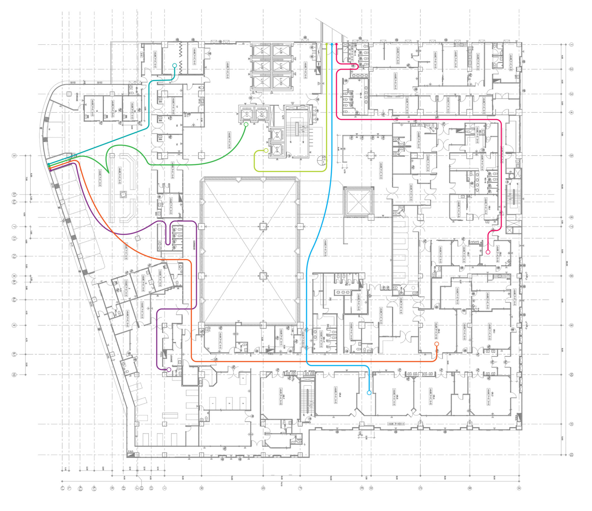 Hospital floor plan showing pathways and how different user-types might move through the space.